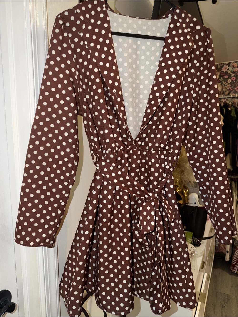 Polka Dot Brown Long-Sleeve Wrap Mini Dress